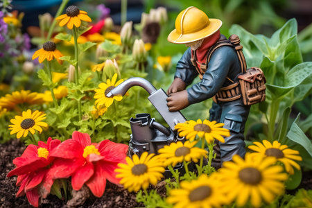 A firefighter in full gear tending to a beautiful flower garden, carefully watering plants and nurturing their growth, showcasing the nurturing side of a traditionally heroic occupation. Generative AIの素材