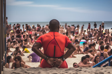 A lifeguard watching over swimmers at a crowded beach. Generative AIの素材