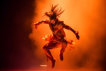 Artistic motion blur shot of a performer leaping on stage during a theater production. Generative AIの素材