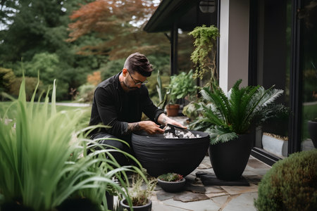 A landscape designer creating a beautiful outdoor space, incorporating plants and elements for aesthetic appeal. Generative AIの素材