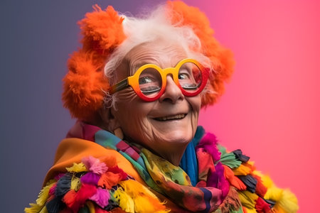 happy senior woman in clown wig and glasses looking at camera on pinkの素材