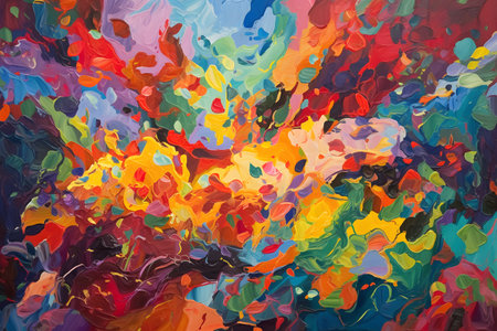 A lively abstract background composed of fluid and organic shapes in a rainbow spectrum of vibrant colors, symbolizing joy, energy and movement. Generative AIの素材