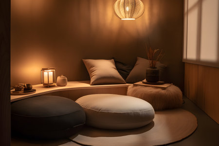 Zen-inspired meditation corner with floor cushions, natural materials, and soft lighting. Created with generative AIの素材