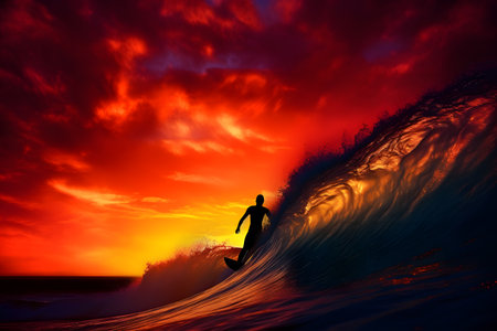 Silhouette of a surfer catching a wave at sunset, against a vibrant sky. Created with generative AIの素材