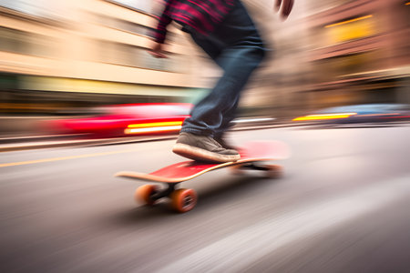 Artistic motion blur shot of a skateboarder gliding through an urban landscape, capturing the dynamic motion and street culture. Generative AIの素材