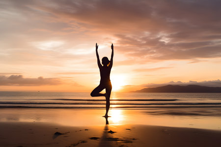 Woman doing yoga on a serene beach at sunset, peaceful and balanced. Generative AIの素材