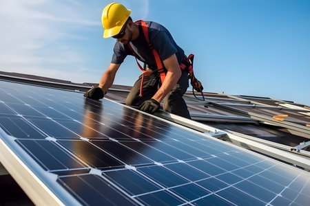 Person installing solar panels on their rooftop, harnessing clean and renewable energy for their home. Generative AIの素材