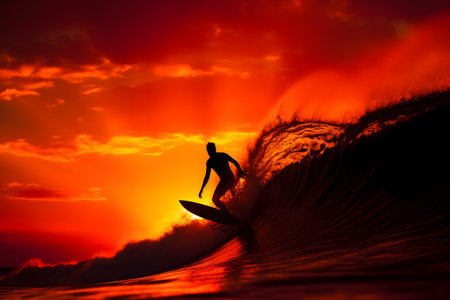 Silhouette of a surfer catching a wave at sunset, against a vibrant sky. Created with generative AIの素材