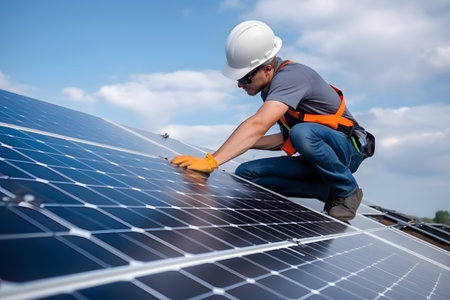 Person installing solar panels on their rooftop, harnessing clean and renewable energy for their home. Generative AIの素材