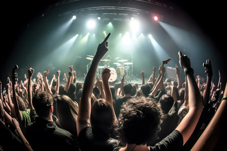 Wide-angle view of a rock concert crowd, taken from the stage, immersing the viewer in the energy and excitement of the performance. Generative AIの素材