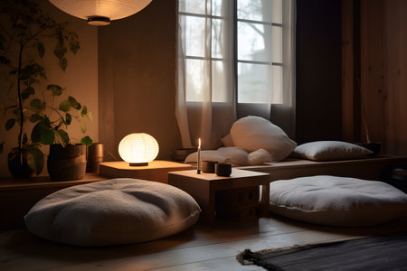Zen-inspired meditation corner with floor cushions, natural materials, and soft lighting. Created with generative AIの素材