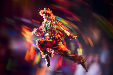 Artistic motion blur shot of a performer leaping on stage during a theater production. Generative AIの素材