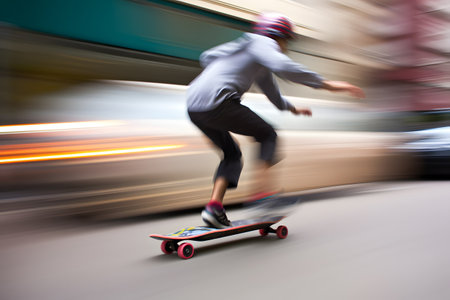 Artistic motion blur shot of a skateboarder gliding through an urban landscape, capturing the dynamic motion and street culture. Generative AIの素材