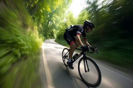 Dramatic wide-angle capture of a professional cyclist speeding downhill, showcasing the speed and skill involved in the sport. Generative AIの素材