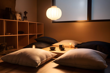 Zen-inspired meditation corner with floor cushions, natural materials, and soft lighting. Created with generative AIの素材