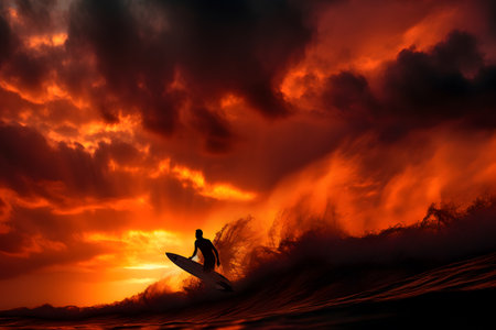 Silhouette of a surfer catching a wave at sunset, against a vibrant sky. Created with generative AIの素材