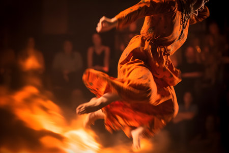 Artistic motion blur shot of a performer leaping on stage during a theater production. Generative AIの素材