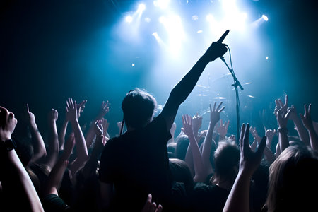 Wide-angle view of a rock concert crowd, taken from the stage, immersing the viewer in the energy and excitement of the performance. Generative AIの素材