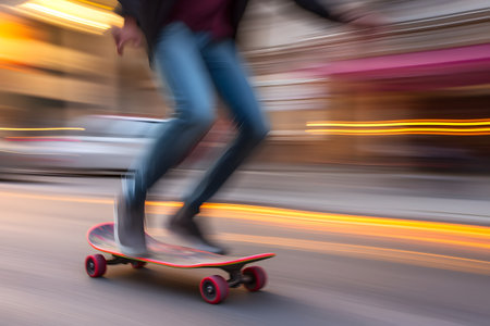 Artistic motion blur shot of a skateboarder gliding through an urban landscape, capturing the dynamic motion and street culture. Generative AIの素材
