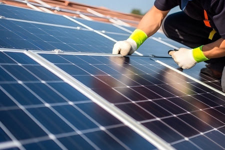 Person installing solar panels on their rooftop, harnessing clean and renewable energy for their home. Generative AIの素材