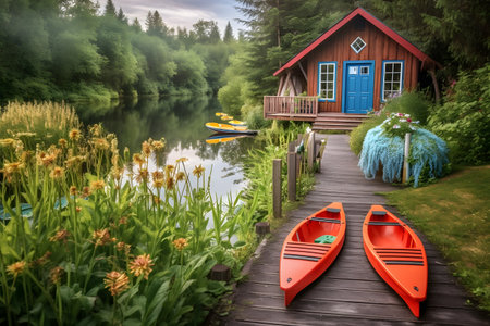Picturesque lakeside cabin surrounded by nature, with a wooden dock and kayaks, inviting viewers to imagine a peaceful and rejuvenating summer retreat. Created with generative AIの素材