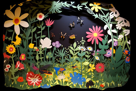 Playful paper cut scene of a garden buzzing with pollinators and blooming flowers, promoting the significance of supporting local ecosystems. Created with generative AIの素材