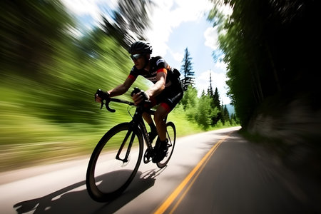 Dramatic wide-angle capture of a professional cyclist speeding downhill, showcasing the speed and skill involved in the sport. Generative AIの素材