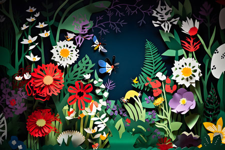 Playful paper cut scene of a garden buzzing with pollinators and blooming flowers, promoting the significance of supporting local ecosystems. Created with generative AIの素材