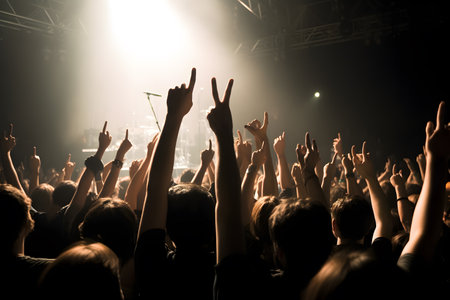 Wide-angle view of a rock concert crowd, taken from the stage, immersing the viewer in the energy and excitement of the performance. Generative AIの素材