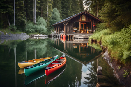 Picturesque lakeside cabin surrounded by nature, with a wooden dock and kayaks, inviting viewers to imagine a peaceful and rejuvenating summer retreat. Created with generative AIの素材