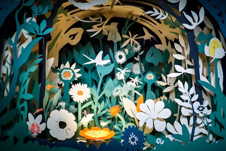 Playful paper cut scene of a garden buzzing with pollinators and blooming flowers, promoting the significance of supporting local ecosystems. Created with generative AIの素材