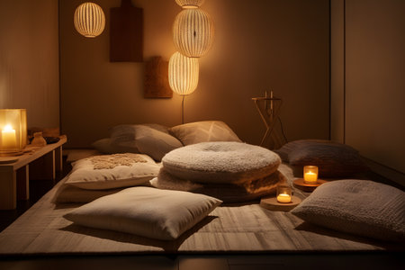 Zen-inspired meditation corner with floor cushions, natural materials, and soft lighting. Created with generative AIの素材