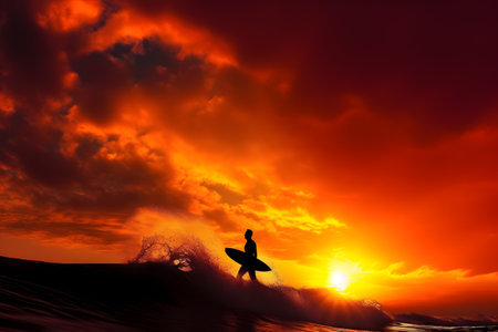Silhouette of a surfer catching a wave at sunset, against a vibrant sky. Created with generative AIの素材