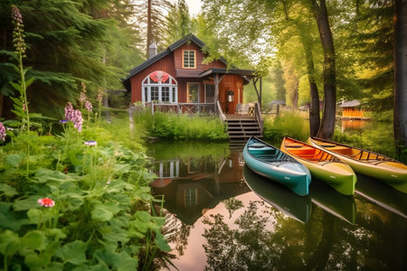 Picturesque lakeside cabin surrounded by nature, with a wooden dock and kayaks, inviting viewers to imagine a peaceful and rejuvenating summer retreat. Created with generative AIの素材