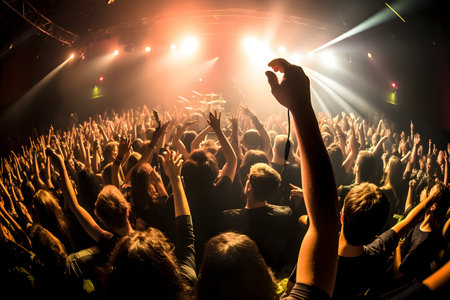 Wide-angle view of a rock concert crowd, taken from the stage, immersing the viewer in the energy and excitement of the performance. Generative AIの素材