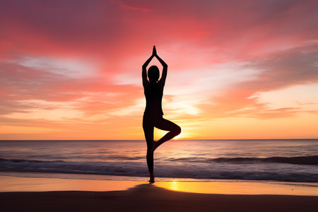 Woman doing yoga on a serene beach at sunset, peaceful and balanced. Generative AIの素材