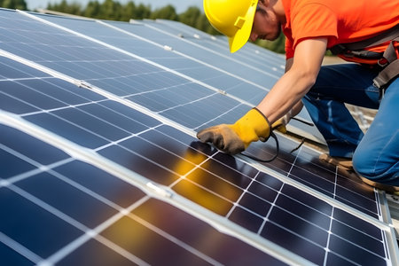 Person installing solar panels on their rooftop, harnessing clean and renewable energy for their home. Generative AIの素材