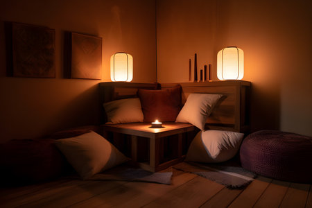 Zen-inspired meditation corner with floor cushions, natural materials, and soft lighting. Created with generative AIの素材