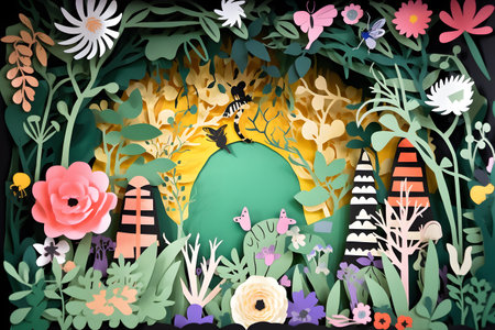 Playful paper cut scene of a garden buzzing with pollinators and blooming flowers, promoting the significance of supporting local ecosystems. Created with generative AIの素材