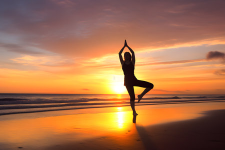 Woman doing yoga on a serene beach at sunset, peaceful and balanced. Generative AIの素材