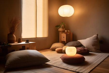 Zen-inspired meditation corner with floor cushions, natural materials, and soft lighting. Created with generative AIの素材