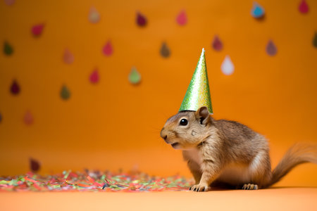 Funny and friendly cute squirrel wearing a brithday party hat in studio, on a vibrant, colorful background. Created with generative AIの素材