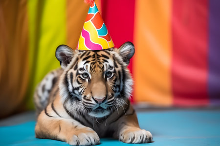 Funny and friendly cute tiger wearing a brithday party hat in studio, on a vibrant, colorful background. Created with generative AIの素材