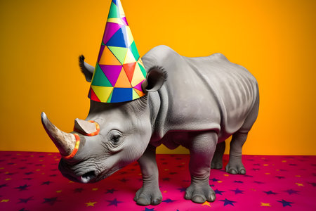 Funny and friendly cute rhinoceros wearing a brithday party hat in studio, on a vibrant, colorful background. Created with generative AIの素材