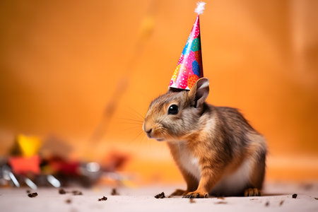 Funny and friendly cute squirrel wearing a brithday party hat in studio, on a vibrant, colorful background. Created with generative AIの素材
