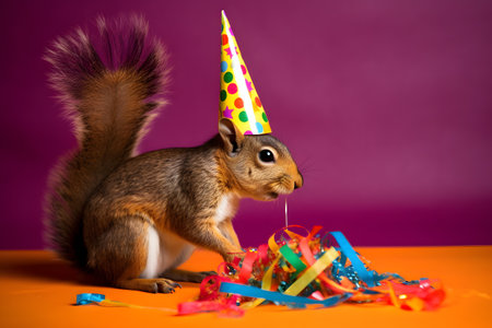Funny and friendly cute squirrel wearing a brithday party hat in studio, on a vibrant, colorful background. Created with generative AIの素材