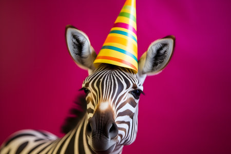 Funny and friendly cute zebra wearing a brithday party hat in studio, on a vibrant, colorful background. Created with generative AIの素材