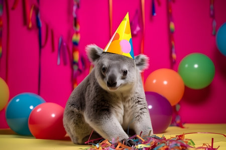 Funny and friendly cute koala wearing a brithday party hat in studio, on a vibrant, colorful background. Created with generative AIの素材