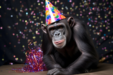 Funny and friendly cute chimpanzee wearing a brithday party hat in studio, on a vibrant, colorful background. Created with generative AIの素材