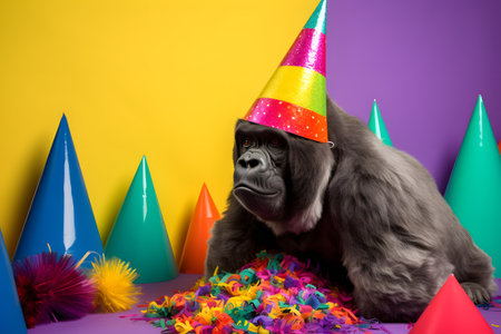 Funny and friendly cute gorilla wearing a brithday party hat in studio, on a vibrant, colorful background. Created with generative AIの素材